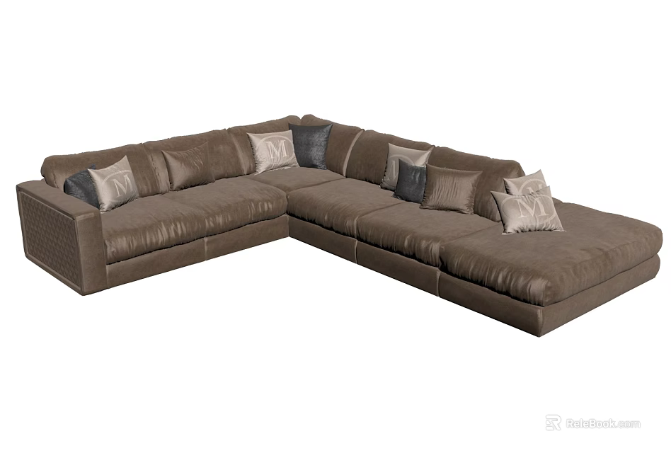 Brown Leather Sectional Sofa With Multiple Decorative Pillows And Modern Comfortable Design 3d model