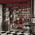 Elegant Boutique Interior With Shoe Display Shelves Red Velvet Chair Checkered Floor And Chandelier