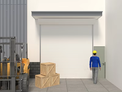 Industrial Warehouse Exterior with Roll-up Door Forklift Worker in Yellow Hard Hat and Wooden Crates 3d model