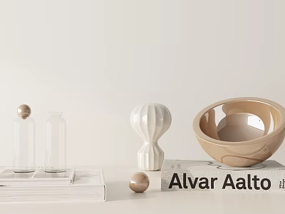 Stylish Decorative Ornament Set with Transparent Bottles White Ball Beige Bowl and Alvar Aalto Book 3d model