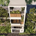Modern Detached Villa Exterior Design With Wooden Balcony Large Windows And Greenery
