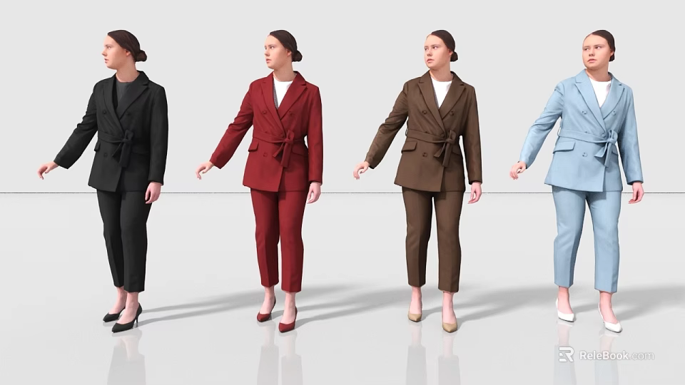 Women Wearing Elegant Different Colored Formal Suits Black Red Brown And Blue 3d model 