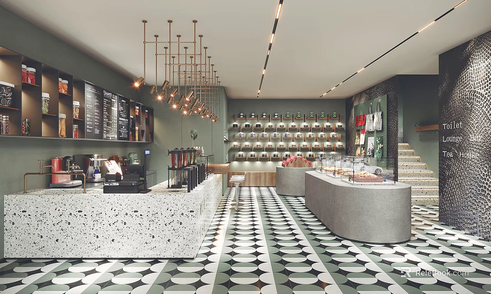 Modern Bubble Tea Shop Interior with Hanging Chandeliers Menu Boards and Patterned Floor Tiles 3d model 