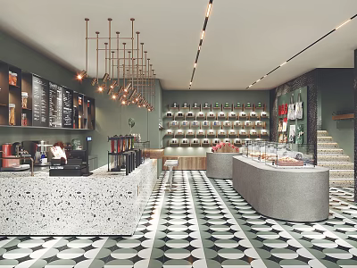 Modern Bubble Tea Shop Interior with Hanging Chandeliers Menu Boards and Patterned Floor Tiles 3d model