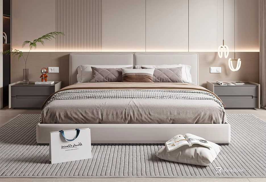 Modern Double Bed With Upholstered Headboard Pillows Nightstands Green Plant And Pendant Lights On Rug 3d model 