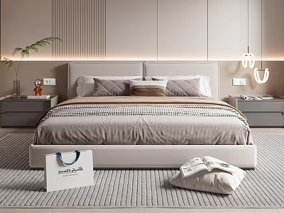 Modern Double Bed With Upholstered Headboard Pillows Nightstands Green Plant And Pendant Lights On Rug 3d model