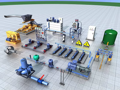 Industrial Equipment Setup With Pumps Pipes Tanks Valves And Control Systems 3d model