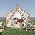 Serene Garden Landscape With Green Grass Camping Tent Wooden Tables Chairs And Blue Car