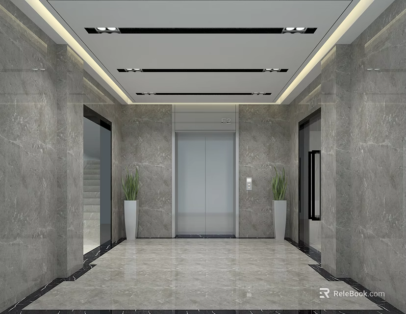 Modern Elevator Hall Interior With Marble Walls Elevator Potted Plants And Ceiling Lighting 3d model