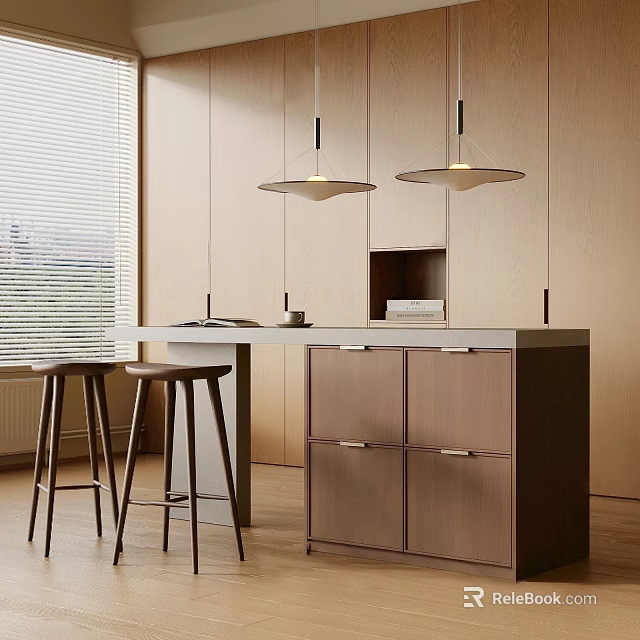Modern Kitchen Interior Design With Island Counter Pendant Lights Bar Stools And Cabinets 3d model 