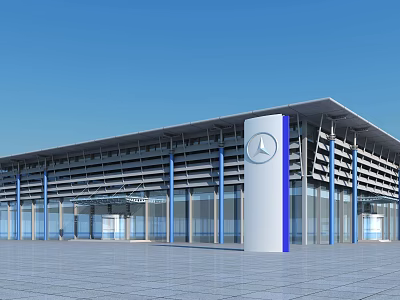 Modern Building Exterior With Mercedes-Benz Logo Glass Curtain Wall And Blue Pillars 3d model