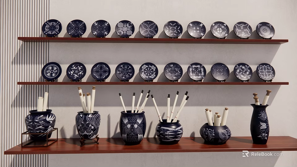 Blue And White Decorative Wall Hangings On Shelves 3d model