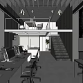 Modern Public Office Space With Workstations Long Desks Office Chairs Staircase Mezzanine And Projector Screen