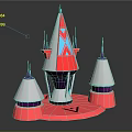 Cartoon Fantasy Castle Tower with Colorful Red Silver Purple Spires and Circular Red Base