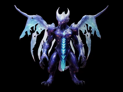 Standing Game and Movie Fantasy Character With Horned Head Large Wings Blue Purple Glowing Details 3d model