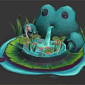 Cartoon Scene With Big Eyed Blue Frog On Lily Pad Small Waterfall Reeds And Flowers