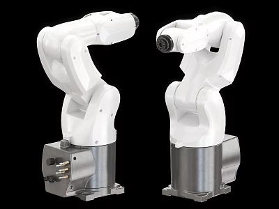 Two Industrial Robotic Arms With White Body And Silver Base For Automation 3d model
