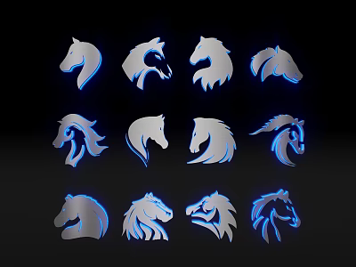 Various Horse Head Design Concepts With Blue Outlines And Different Styles 3d model
