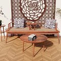 Natural Living Room with Wooden Furniture Carved Screen Patterned Cushions Herringbone Flooring and Green Plants