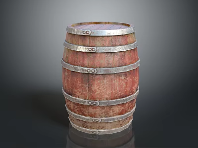 Vintage Wooden Barrel With Metal Hoops And Textured Surface On Reflective Base 3d model