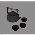 Household Kitchen Black Cast Iron Teapot With Wooden Handle And Three Ceramic Bowls