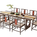 Chinese Style Dining Table Set With Red Accented Chairs Plant Pot And Tableware 3d model