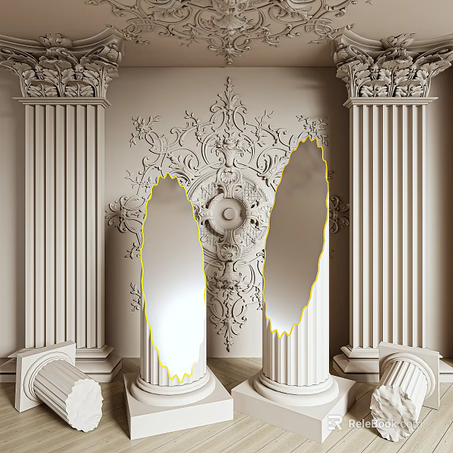 Symmetrical Classical Mirrors Between Ornate Columns With Carved Wall Decorations 3d model 