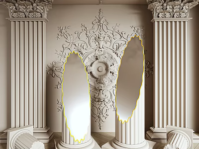 Symmetrical Classical Mirrors Between Ornate Columns With Carved Wall Decorations 3d model