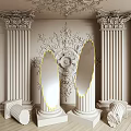 Symmetrical Classical Mirrors Between Ornate Columns With Carved Wall Decorations