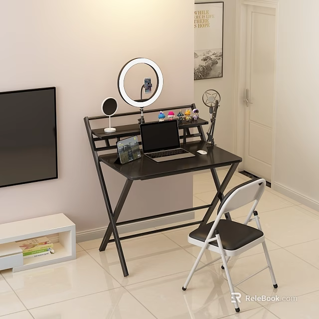 Black Study Desk With Laptop Ring Light Microphone Desk Lamp And Chair 3d model