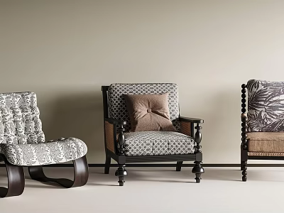 Varied Design Leisure Chairs With Patterned Fabrics Wooden Legs And Decorative Pillows 3d model