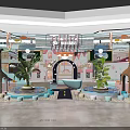 Modern Vibrant Indoor Playground With Colorful Arches Green Plants And Seating Benches