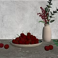 Fresh Red Cherries in Ceramic Bowl on Gray Countertop with Vase and Green Leaves