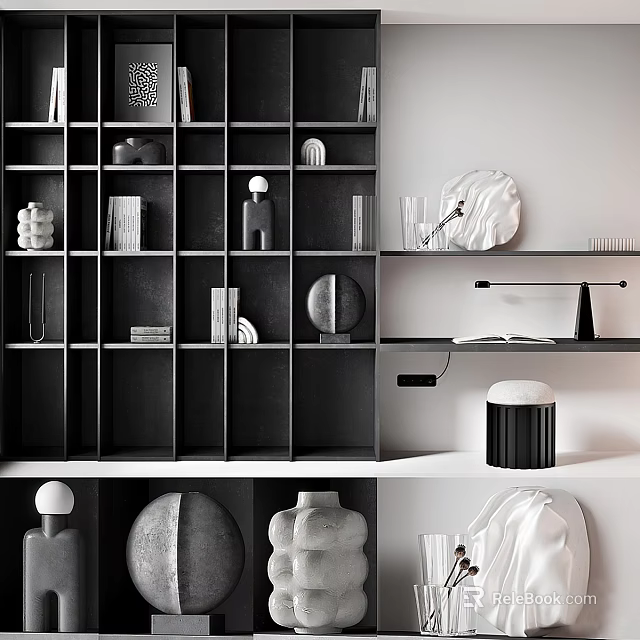 Modern Bookcase Interior Design With Decorative Vases Sculptures And Books 3d model 