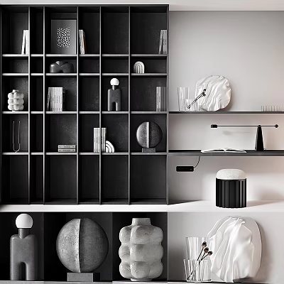 Modern Bookcase Interior Design With Decorative Vases Sculptures And Books 3d model