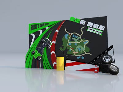 Extreme Climbing Themed Photo Spot With Display Board Map Design Tires Cones And Green Black Tones 3d model