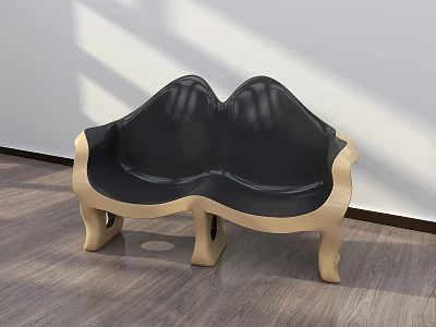 Modern Public Chair With Curved Design Black Leather Seat And Golden Legs On Wooden Floor 3d model