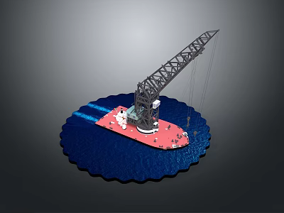 Marine Floating Crane Platform With Red Base Blue Water And Metal Structure 3d model