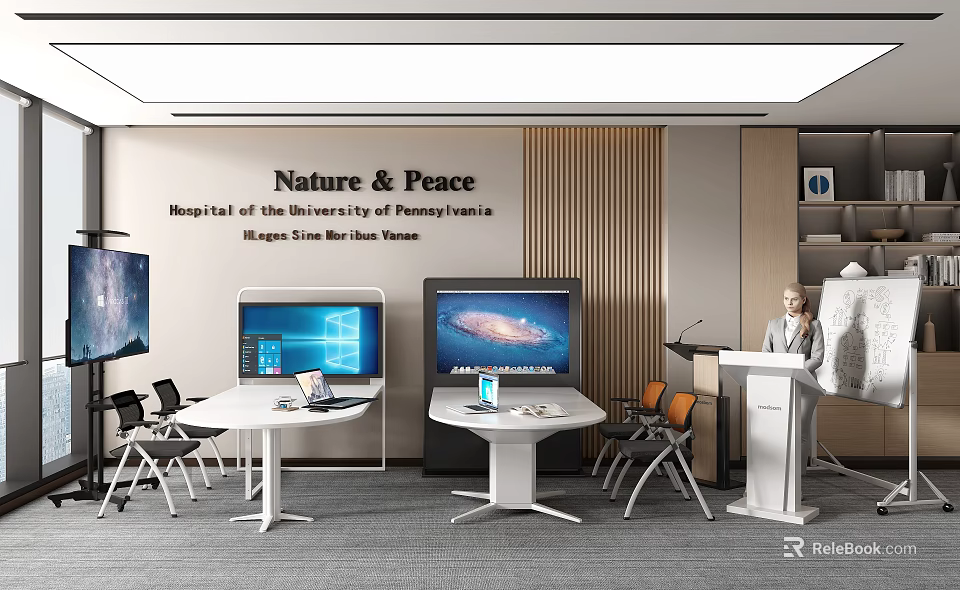Modern Conference Room with Nature Peace Theme Large Screens White Tables and Podium 3d model 