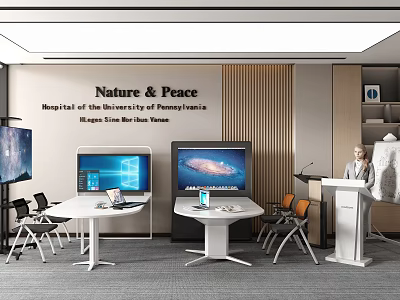 Modern Conference Room with Nature Peace Theme Large Screens White Tables and Podium 3d model