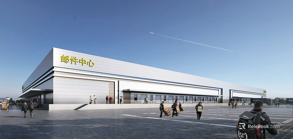 Modern Industrial Mail Center Warehouse With Logistics Loading Area And Personnel Activity 3d model 