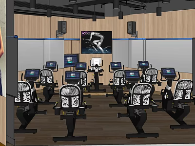 Indoor Fitness Studio With Spin Bikes Large Screen And Wooden Floor 3d model