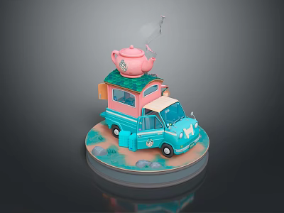 Colorful Food Truck Model with Pink Teapot on Top and Blue Design 3d model