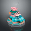 Colorful Food Truck Model with Pink Teapot on Top and Blue Design