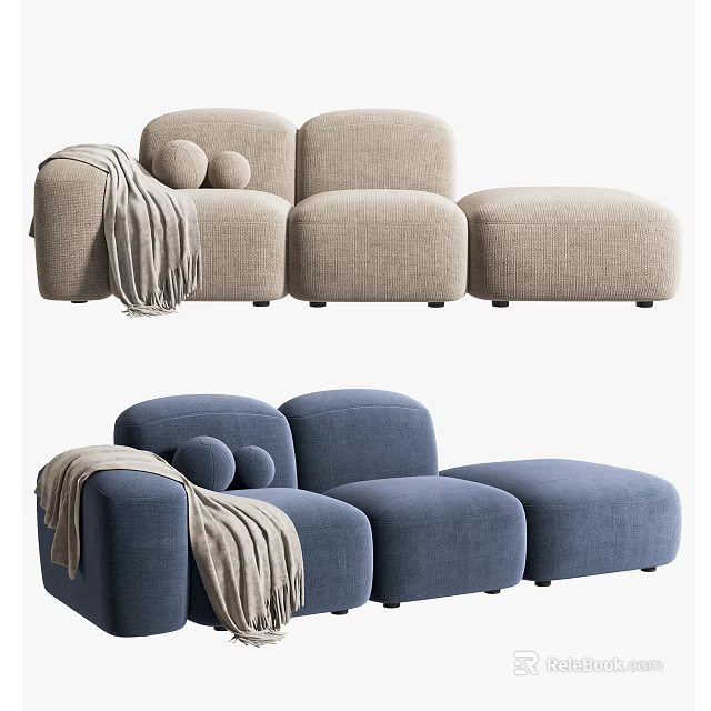 Modern Modular Multi Seater Sofa in Beige and Blue with Cozy Pillows and Fabric Design Elements 3d model 