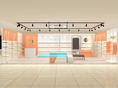 Modern Boutique Store Interior With Orange White Palette Display Shelves Track Lighting And Seating 3d model