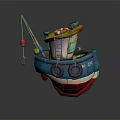 Cartoon Fishing Boat With Blue Red Hull Yellow Cabin Ladder And Life Rings