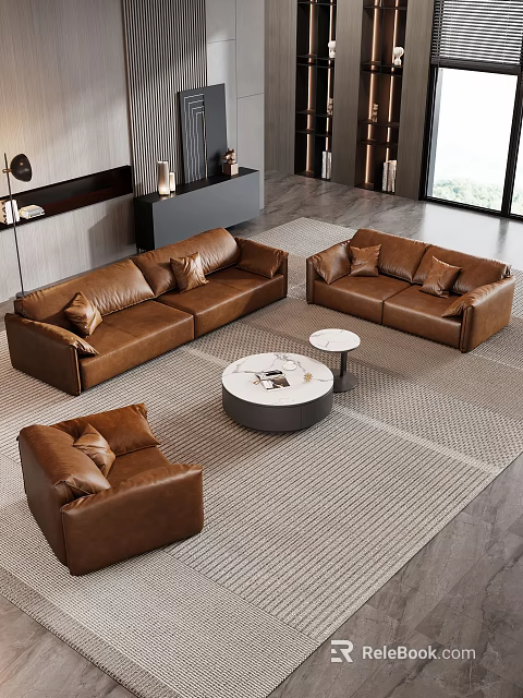 Modern Living Room Brown Leather Sofa Set With Armchair And Round Coffee Table 3d model 