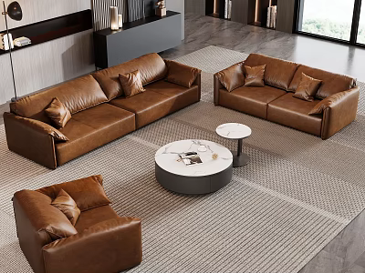 Modern Living Room Brown Leather Sofa Set With Armchair And Round Coffee Table 3d model