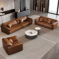 Modern Living Room Brown Leather Sofa Set With Armchair And Round Coffee Table
